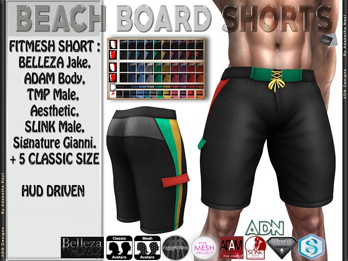 [AdN] DEMO BEACH BOARD SHORTS(belleza AESTHETIC SLINK MALE TMP the mesh project ADAM SIGNATURE GIANNI + classic avatar )