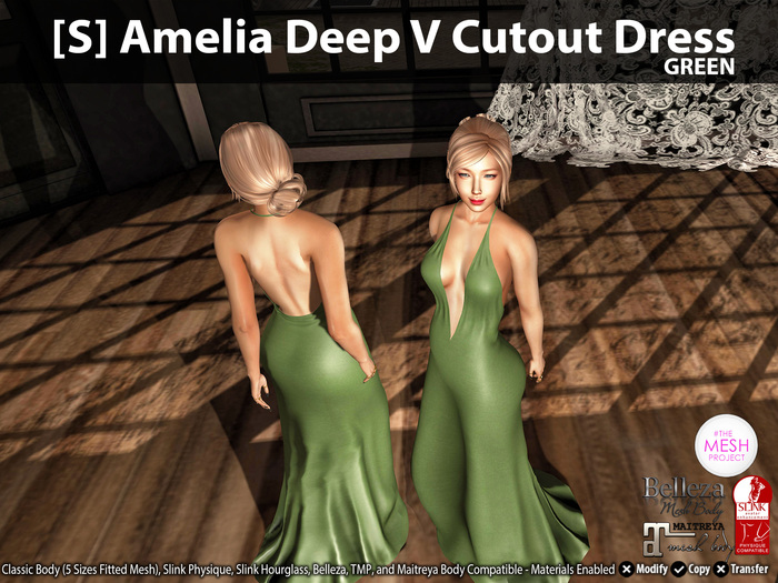 [S] Amelia Deep V Cutout Dress Green