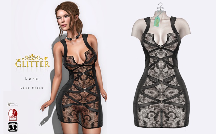 GLITTER LURE FITMESH DRESS & STANDARD LACE SEETHROUG BLACK
