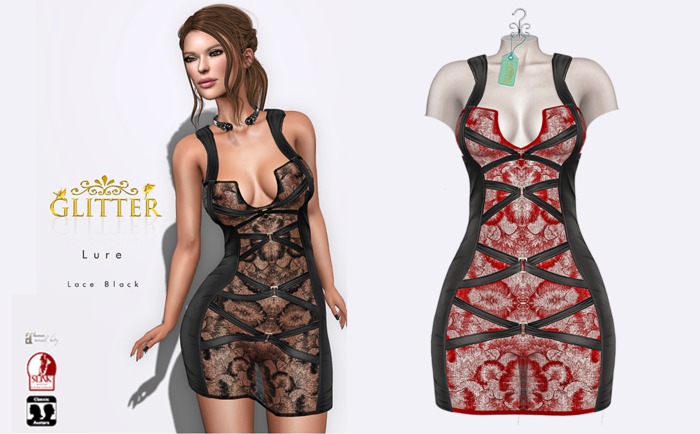 GLITTER LURE FITMESH DRESS & STANDARD LACE SEE THROUGH RUBY