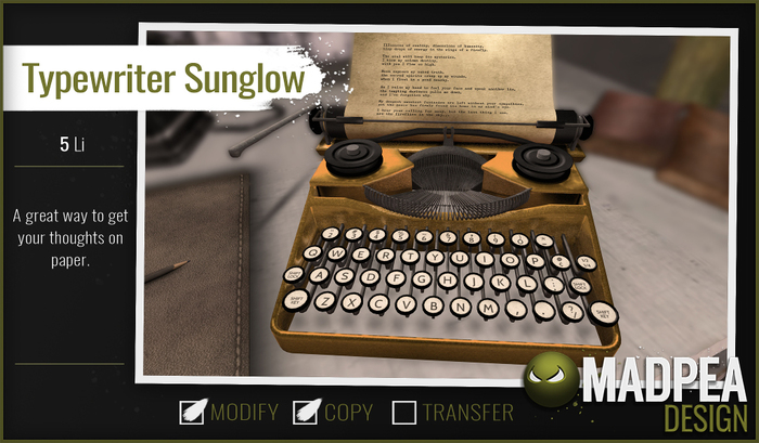 MadPea Writer's Corner - Typewriter Sunglow
