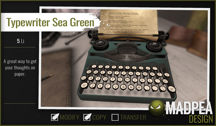 MadPea Writer's Corner - Typewriter Sea Green Boxed