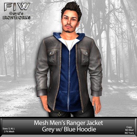 Mesh Mens Ranger Jacket w/ Hoodie - Grey/Blue