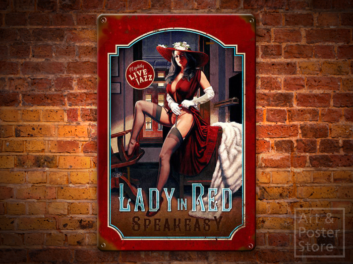 LADY IN RED SPEAKEASY Risqué Pin-Up Poster | Rusty Metal Style Wall Sign 