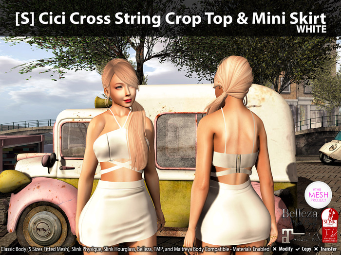 [S] Cici Cross String Crop Top & Mini Skirt White