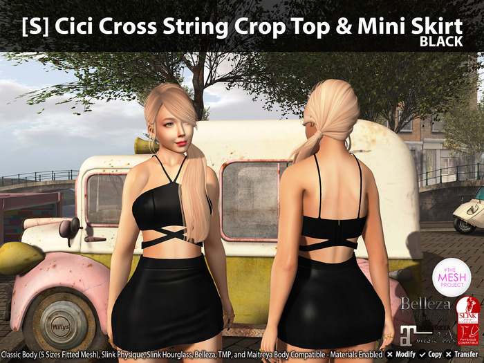 [S] Cici Cross String Crop Top & Mini Skirt Black