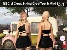 [S] Cici Cross String Crop Top & Mini Skirt Black