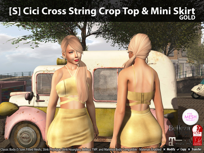 [S] Cici Cross String Crop Top & Mini Skirt Gold
