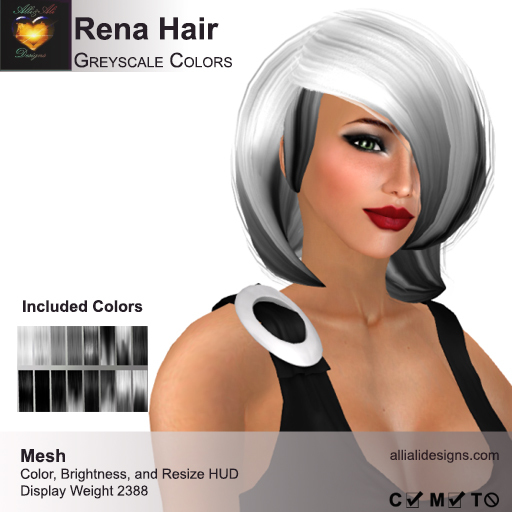 A&A Rena Hair Greyscale Colors Pack. Mesh short bob hairstyle