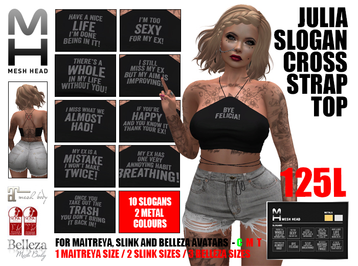 Mesh Head - Julia Slogan Cross Strap Top - MAITREYA - SLINK - BELLEZA 