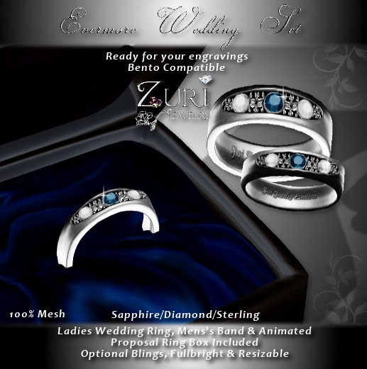 Evermore Wedding Rings Mesh Set - Sapphire/Dia/Sterling