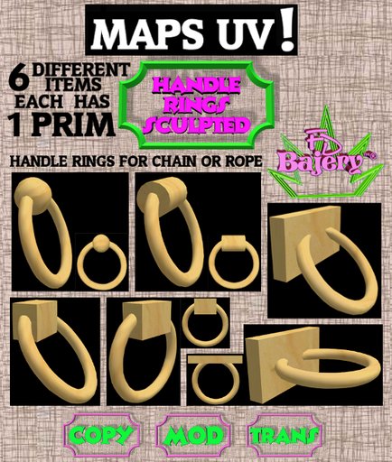 6 HANDLE RINGS FOR CHAIN OR ROPE - 1 PRIM + MAPS UV  - FULL PERM