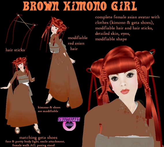 Female Asian Avatar with brown flower kimono