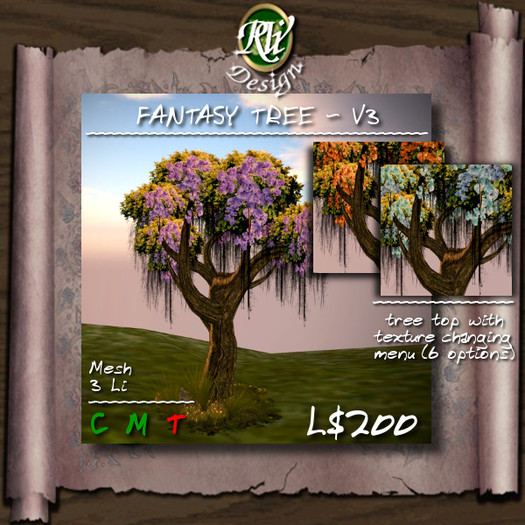 *** Fantasy Tree - V3 (boxed) - Low land impact Multi-face Mesh design with texture changing menu