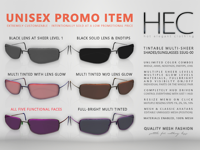 HEC - Unisex Tintable Multi-Sheer Shades/Sunglasses SSUG-00 (U)