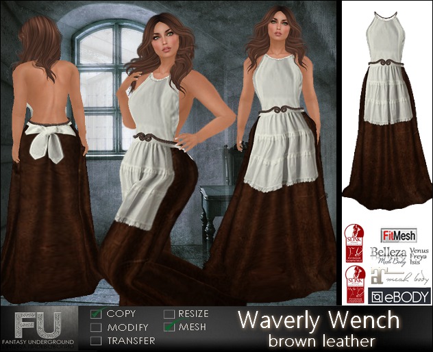 Second Life Marketplace - Waverly Wench - brown leather Medieval Apron Dress  * Slink P&H Belleza I.F.V. eBody Maitreya Lara Fitmesh Peasant Maid