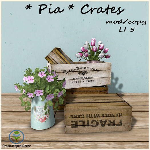 *Pia* Crates A - Wooden crates with tulips and flowers in pitcher