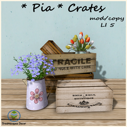 *Pia* Crates B - Wooden crates with tulips and flowers in pitcher