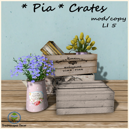 *Pia* Crates C - Wooden crates with tulips and flowers in pitcher
