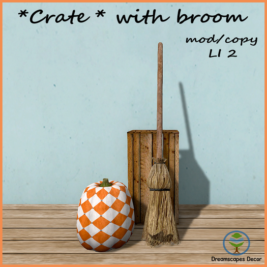 *Crate* with broom A - Decorative crate with broom and pumpkin