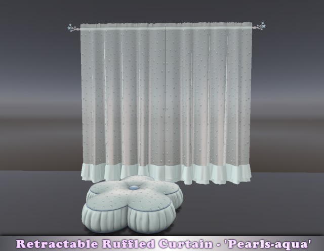  Retractable Ruffled Curtain - 'Pearls-aqua' & Cushion