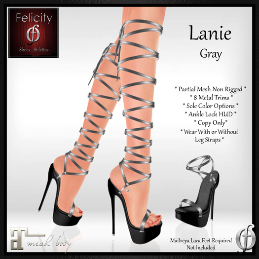 *Felicity* Lanie Stilettos-Gray (Maitreya) Optional Leg Straps, Trim Choices, Sole Color Options
