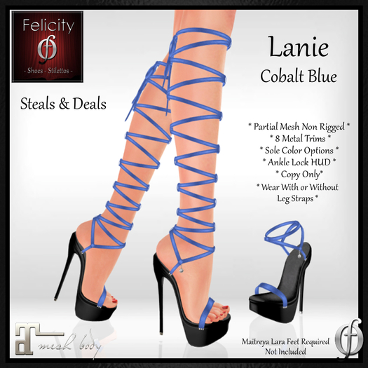 SALE! *Felicity* Lanie Stilettos-Cobalt Blue (Maitreya) Optional Leg Straps, Trim Choices, Sole Color Options