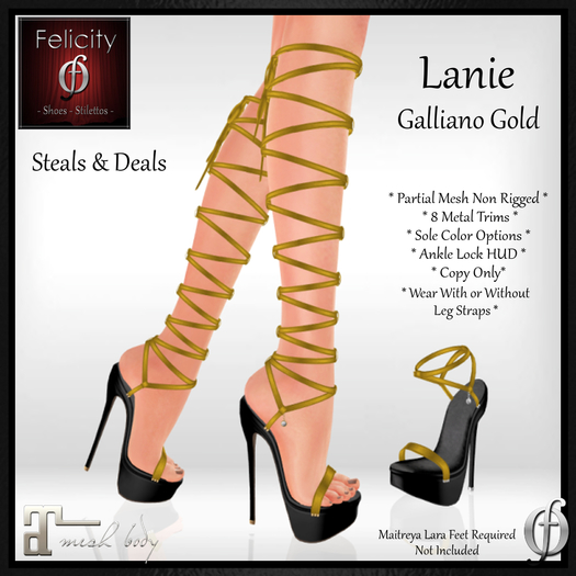SALE! *Felicity* Lanie Stilettos-Galliano Gold (Maitreya) Optional Leg Straps, Trim Choices, Sole Color Options