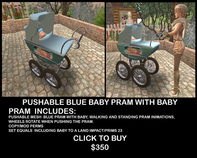 PUSHABLE BLUE BABY PRAM WITH BABY