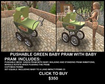 GREEN PUSHABLE BABY PRAM WITH BABY