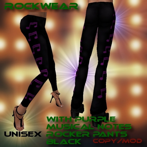 Rayzer's Rockwear Purple musical notes on black pants Boxed