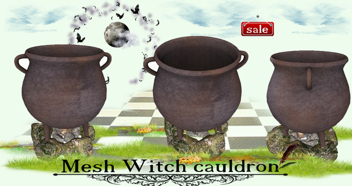 Mesh Empty witch cauldron with fire below(M&T)