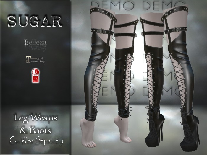 :-:SUGAR:-: Leg Wraps & Boots - {BLACK LEATHER} DEMO
