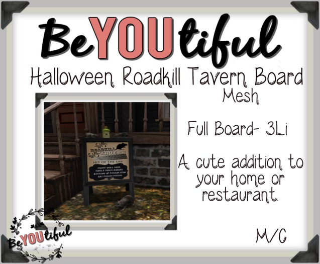 BeYouTiful} Halloween Roadkill Tavern Board.