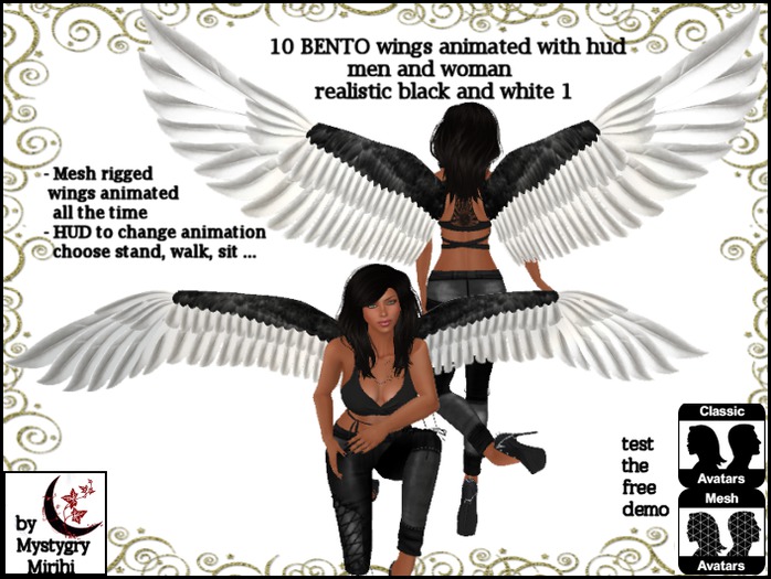 BENTO 10 wings mesh rigged animated black and white hud