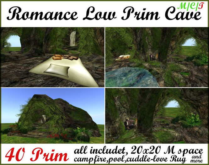 Romance Low Prim Cave 40 Prim Waterfall Pool Animation Tree Plant