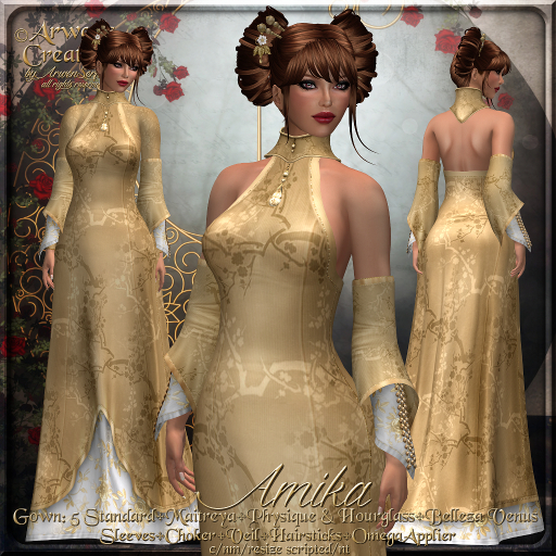 Second Life Marketplace - {AS} Amika Fitted Mesh Gown: Gold White;  Maitreya, Slink Physique, Hourglass, Venus, Omega, Fantasy, Pani, Kanzashi