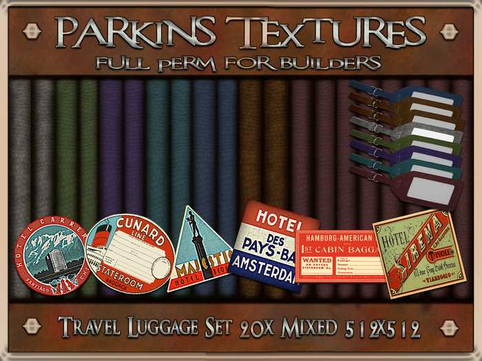 Parkins Textures - Travel Luggage Set - 20x Full Perm, Mixed Seamless & Alphas 512x512 - Travel, Label, Leather, Tag