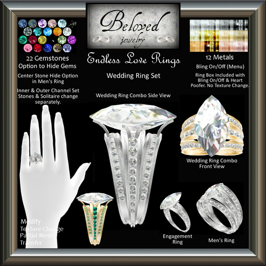 Beloved Jewelry : Endless Love Engagement Wedding Rings Set-Texture Change (Platinum, Gold, Diamond) 3 Rings