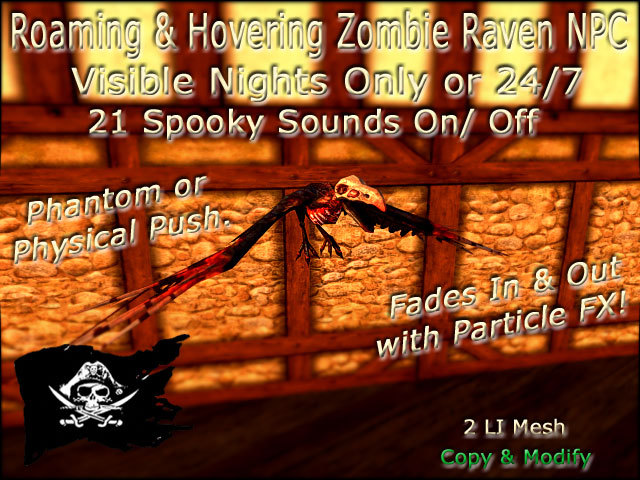 Roaming Zombie Raven NPC with Spooky Sounds, Day or Night and Push Options