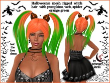 Halloweenie witch hair mesh rigged ponytail orange green