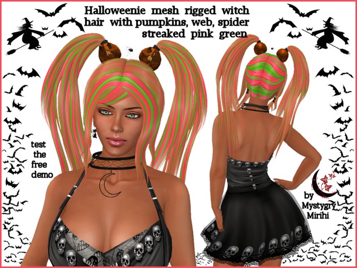 Halloweenie witch hair mesh rigged ponytail streaked pink green