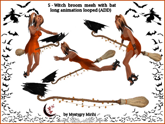 Witch broom 5 mesh flying moving long animation looped bat