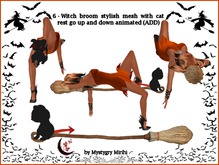 Witch broom 6 mesh with cat laying flying pose animated up down