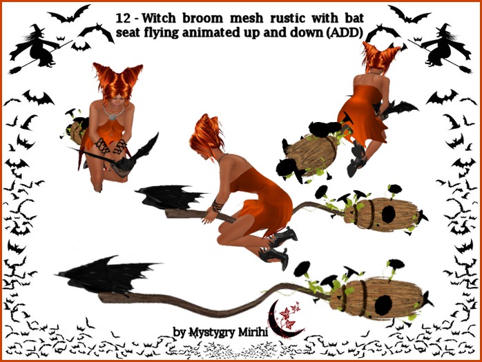 Witch broom 12 mesh seat fly pose animated up down bat