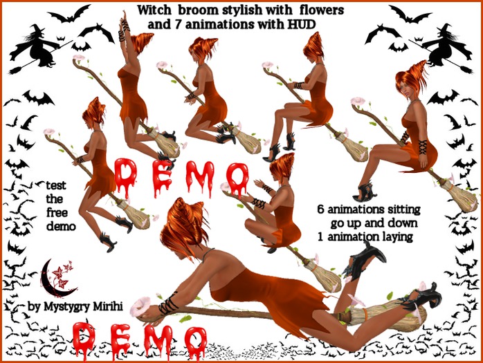 DEMO Witch broom mesh HUD 7 animations 6 sit up down + 1 laying