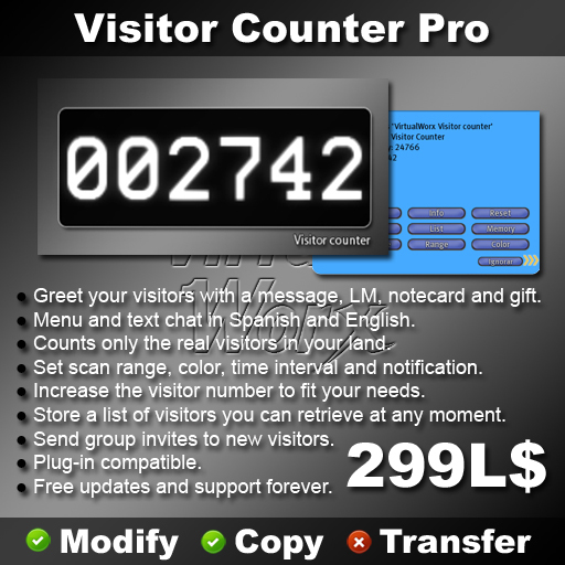 VirtualWorx Visitor Counter (Landmark, notecard, Group Join inviter, etc)