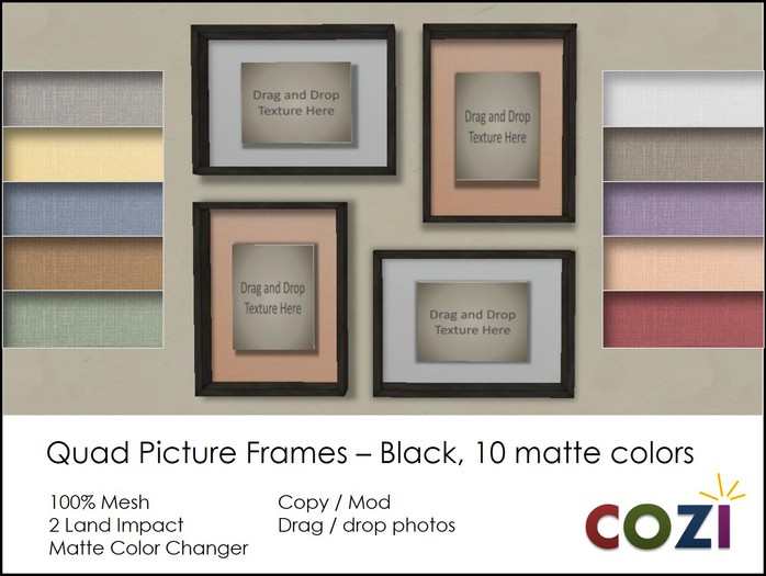 *COZI* Quad Picture Frames - Black w 10 matte textures