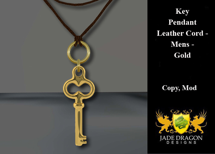 Key Pendant on Leather Cord - Mens - Gold