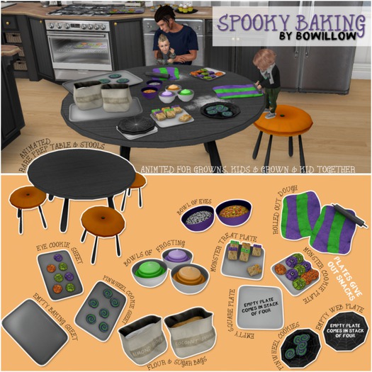 :BoWillow: Spooky Baking Set - Prep Table & Stools x4 RARE